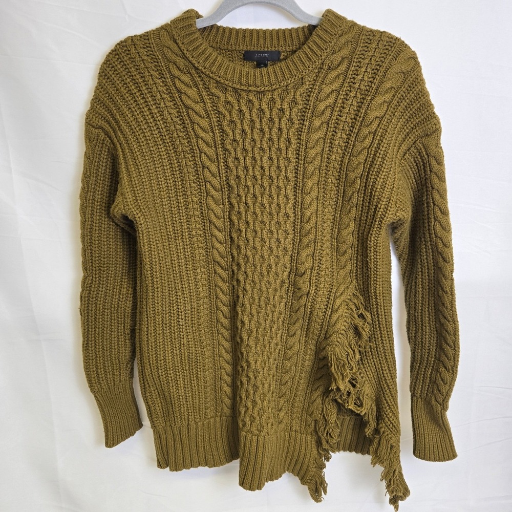 J Crew Wool Blend Cable Knit Fringe Slit Fishermans Sweater, Green,‎ XS, H3677